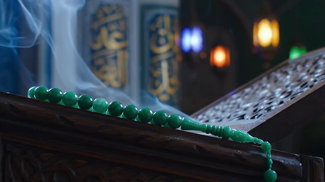 Green Prayer Beads Tasbih on Wooden Rehal with Incense Smoke