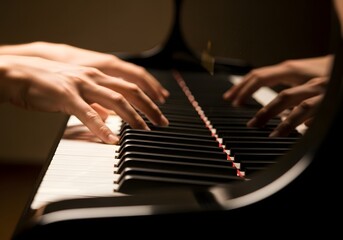 Fototapeta premium Close-up of Musician's Hands Playing Grand Piano Keys in Dark Concert Hall for Music Performance Concept