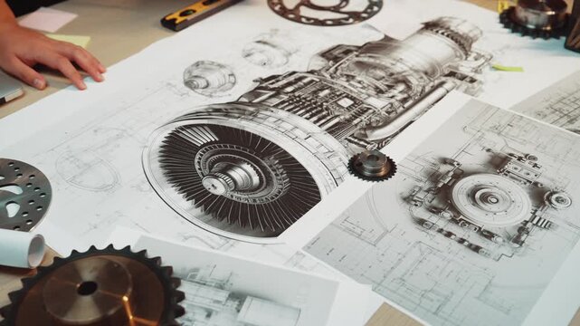 Close-up of an intricate engine component layout on a workspace, featuring detailed technical drawings and essential hand tools, symbolizing innovation and precision in engineering. SACTR