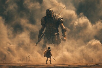 Fototapeta premium Epic Warrior Fight David versus Giant Goliath Concept
