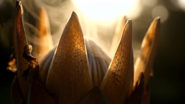 Dramatic Close Up of Protea Flower Bud Backlit by Golden Sunset Light