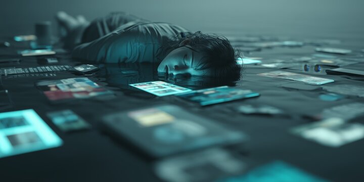 Modern digital stress concept: endless messages and alerts blur reality as a person struggles with screen addiction