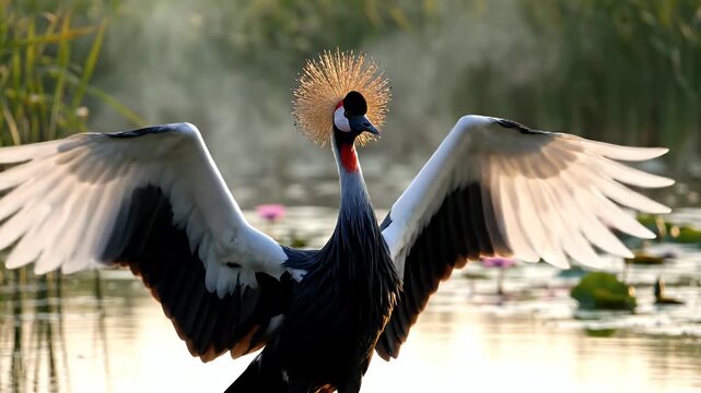 Grey Crowned Crane spreading wings over foggy marsh at sunrise