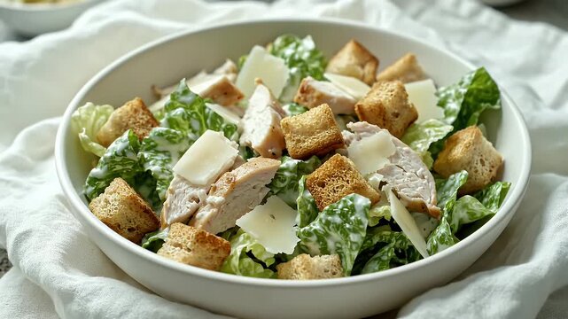 Close up of Chicken Caesar Salad with Croutons and Parmesan Cheese