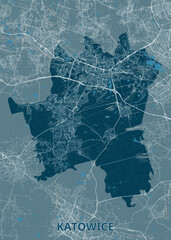 Map of Katowice, Poland. The city's outline is filled with a dense network of streets and roads, rendered in white against a dark blue background.