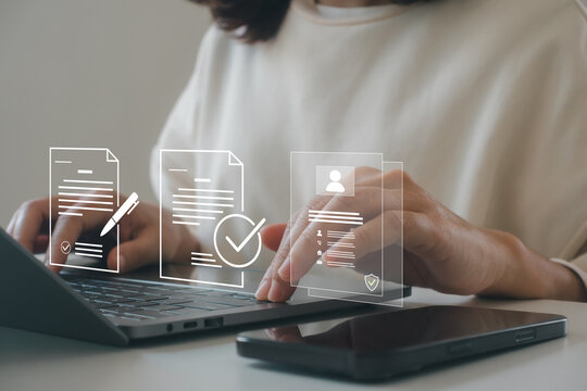 Online registration concept with digital forms, user profile on laptop. Secure signup process, account creation, identity verification, paperless registration system, enrollment for business platform.