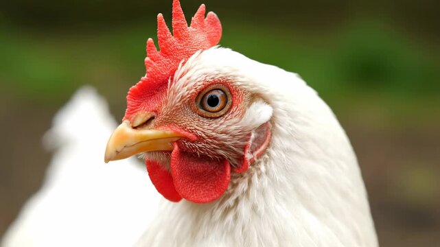 A close-up portrait of a white chicken. Feathers, beak, and comb in focus