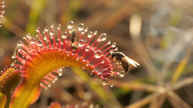 Fly caught and struggling on a Sundew carnivorous plant macro shot