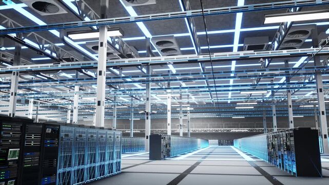Quantum computing, scientific research in data center for complex calculations. Server farm equipment, futuristic visual effects simulation, and advanced processing power concepts