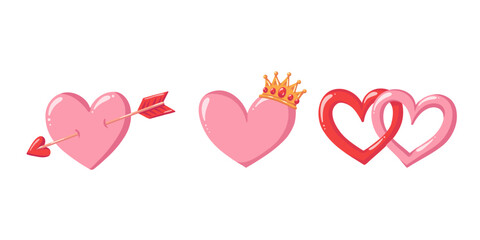 Pink heart love symbols set. Cartoon vector illustration collection isolated on white background 