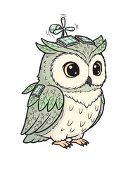 Fototapeta premium Cute Owl Character with Solar Panels and Wind Turbine.