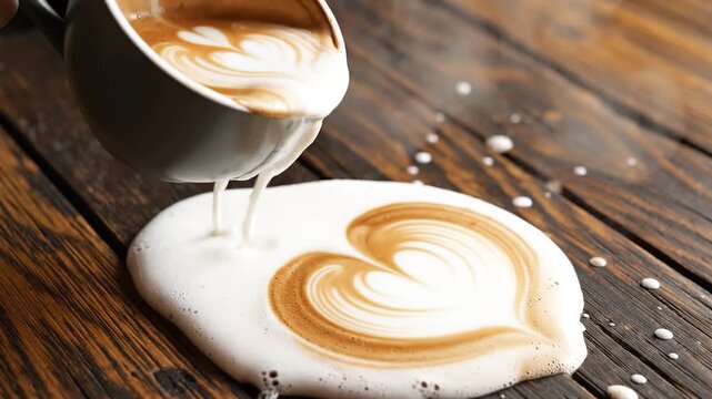Heart shaped latte art overflowing from cup onto wooden table symbolizing warmth and comfort concept