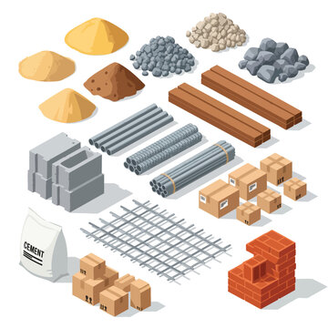 Construction materials isometric illustration: sand, gravel, pipes, bricks, cement, rebar and cardboard boxes for building projects.
