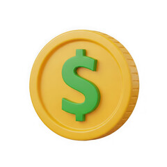 3d gold coin with green dollar sign isolated on transparent background