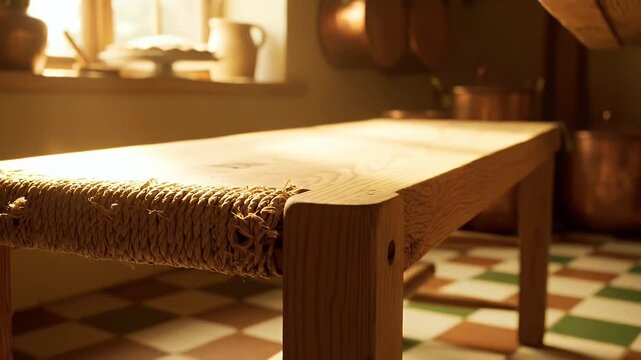 Rustic wooden kitchen bench illuminated by warm golden sunlight