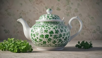 Teapot with green clovers and floral patterns on ceramic surface,  green tea set ,  floral design,  elegant decor