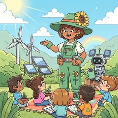 Fototapeta premium Ecofriendly Education Teacher Explains Renewable Energy to Children.