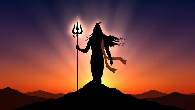 Hindu God Lord Shiva standing powerfully on mountain, holding his Trishula at sunset. Symbolizing divine power, Hindu religious faith and the festival of Maha Shivaratri. Spirituality, worship, India
