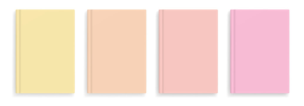 Vector blank warm light pastel colors realistic book cover mockups, closed organizer or notebook cover template with sheet of A4. Front view of yellow, orange and red notepad with binding mock up