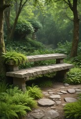 Fototapeta premium Stone bench with a backrest, adorned with soft moss and ferns, surrounded by soothing greenery, stone seating, natural relaxation, peace and quiet