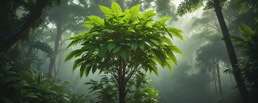 Tall kratom tree grows on a dark plant tree amidst lush green leaves and foliage,  herb garden, kratom tree,  nature green leaf background