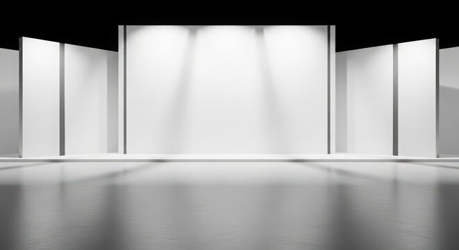 Modern minimalist interior with white walls and reflective floor.