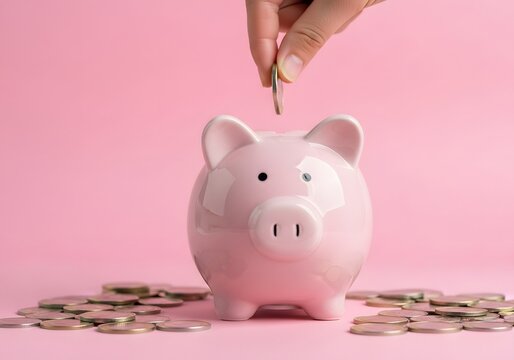 Hand depositing coin into pink piggy bank with scattered money on a clean background, symbolizing savings, investment, and financial planning with copy space.