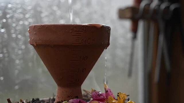 Raindrops falling into a terracotta rain gauge measurement device