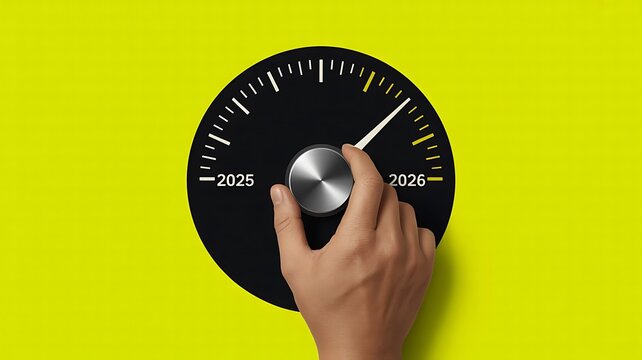 Title: Hand turning futuristic speedometer dial from 2025 to 2026 on bright yellow background representing new year transition