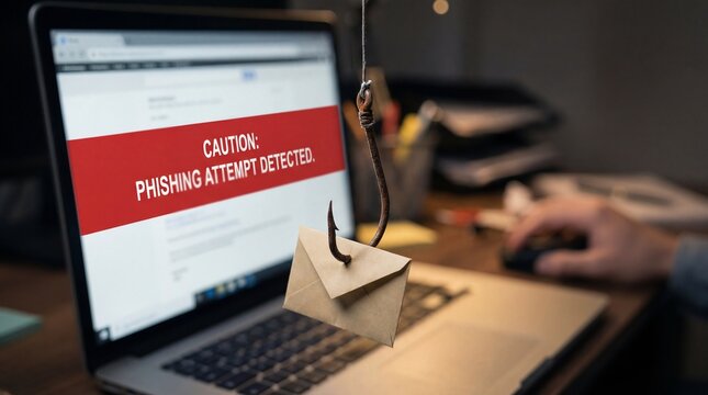 Phishing Alert: A stark depiction of a cybersecurity threat, where a phishing email is hooked, symbolizing the dangers lurking in the digital realm.