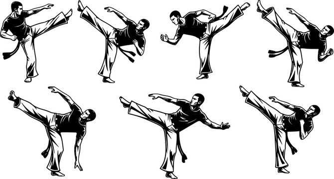 set of icons, capoeira fighters performing dynamic kicks and movements in a martial arts combat sequence, black and white 