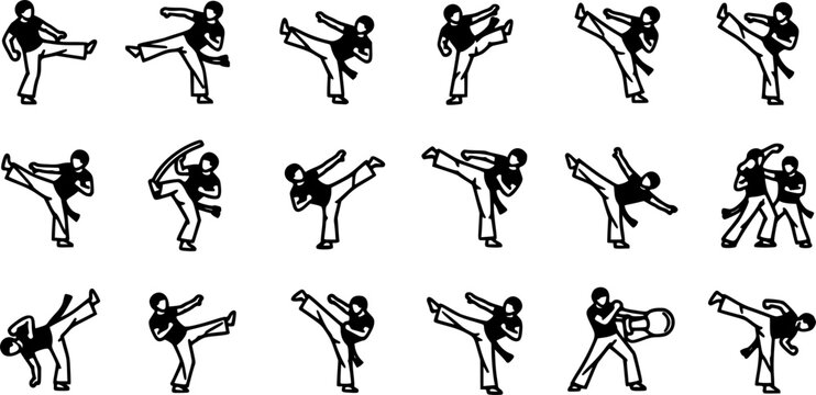 set of icons, capoeira fighters performing dynamic kicks and movements in a martial arts combat sequence, black and white 