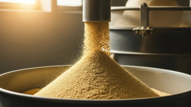 Golden grain pouring into large metal container in modern food processing plant with warm sunlight highlighting fine particles and industrial agricultural production concept