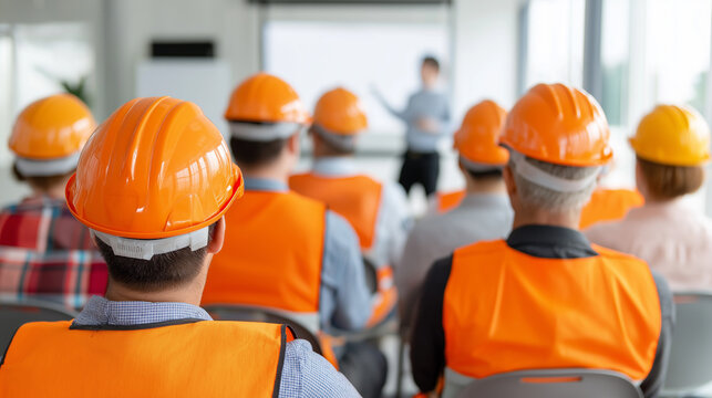 Construction workers wearing safety helmets attending a workplace training session indoors.
