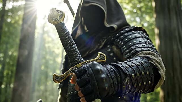 Close-up of Historical Warrior Hand Gripping Ornate Sword Hilt in Sun-Drenched Forest
