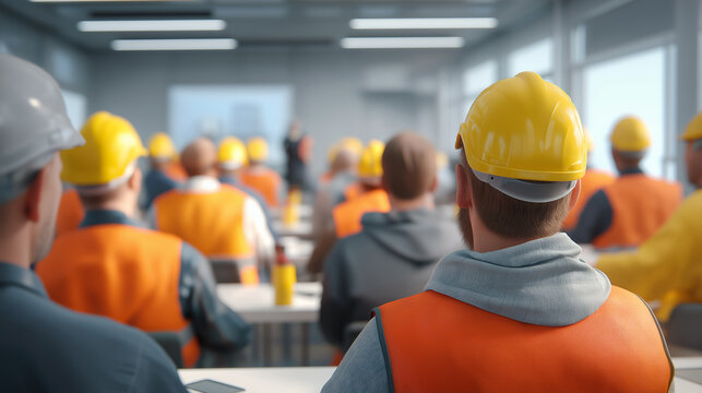Construction workers wearing safety helmets attending a workplace training session indoors.
