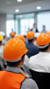 Construction workers wearing safety helmets attending a workplace training session indoors.
