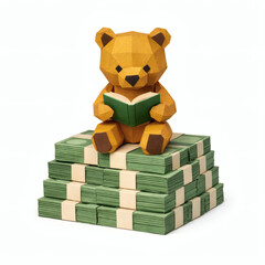 Wealthy Teddy's Wisdom: A charming origami teddy bear perches atop a towering stack of currency, engrossed in a small book, suggesting financial acumen and knowledge. 