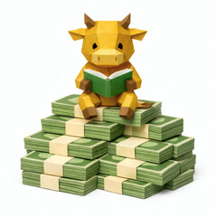 Clever Bull Reading on Money: A captivating origami bull, perched atop a stack of cash, absorbed in a book, this image suggests financial knowledge and wealth.