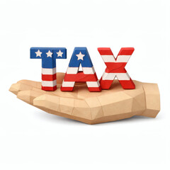 Tax Symbol in Hand: This image depicts a hand holding the word TAX composed of letters designed with the American flag pattern. It symbolizes the concept of taxation and related themes.