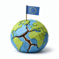 Cracked Globe with EU Flag: A visually striking artistic rendition featuring a fractured globe, subtly reflecting a complex geopolitical scenario.