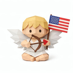 Fototapeta premium Paper-Crafted Cupid with a Patriotic Flair: A unique paper-crafted Cupid, bearing a bow and arrow and proudly holding an American flag. It's a charming celebration of love and patriotism.