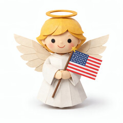 Guardian Angel: A whimsical representation of an angel proudly holding an American flag. A symbol of faith, patriotism, and national pride.