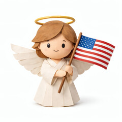 Angel with American Flag: A cheerful angel figurine, holding the American flag with pride, embodies patriotism. The composition symbolizes a beacon of hope and national pride.