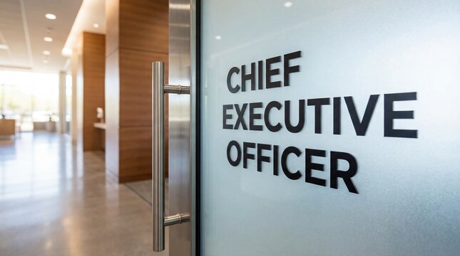 The CEO Door: A frosted glass office door with the text "CHIEF EXECUTIVE OFFICER" etched in black, modern corporate interior.
