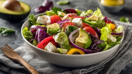 salad with avocados, tomatoes, bell peppers, red onion slices, lettuce leaves, cheese