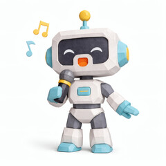 Singing Robot with Microphone: A charming robotic figure joyfully sings into a microphone, surrounded by musical notes, blending technology and art.