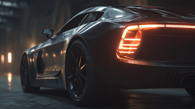Sleek modern sports car with illuminated orange rear lights parked in a dark underground parking lot, low angle view of a luxury vehicle.