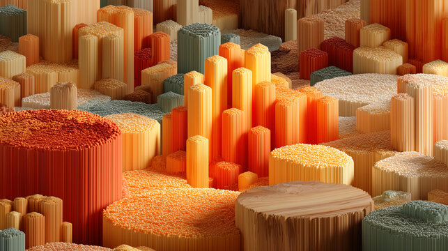 Abstract 3D render of a geometric landscape with vertical cylinders in warm orange and yellow tones