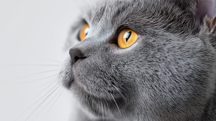 Close-up portrait of a gray cat with striking amber eyes looking upward against a clean neutral background.
